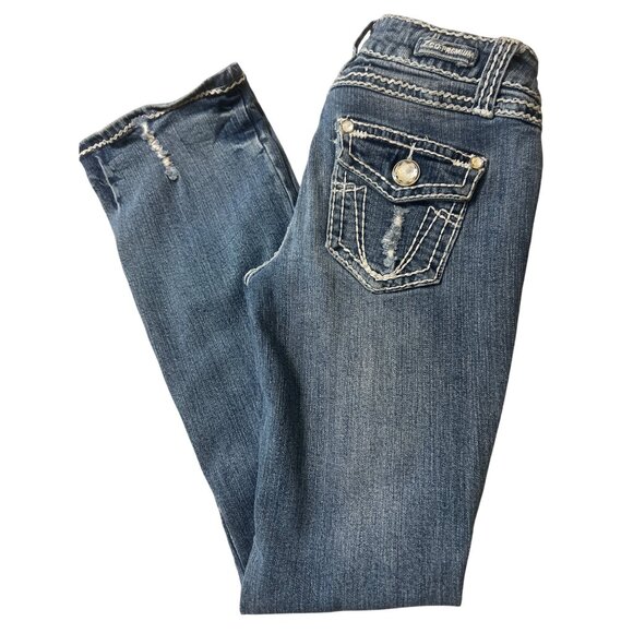 Z Co Premium Bootcut Jeans Distressed Rhinestones Low Rise Blue Denim Sz 5 - Picture 4 of 6
